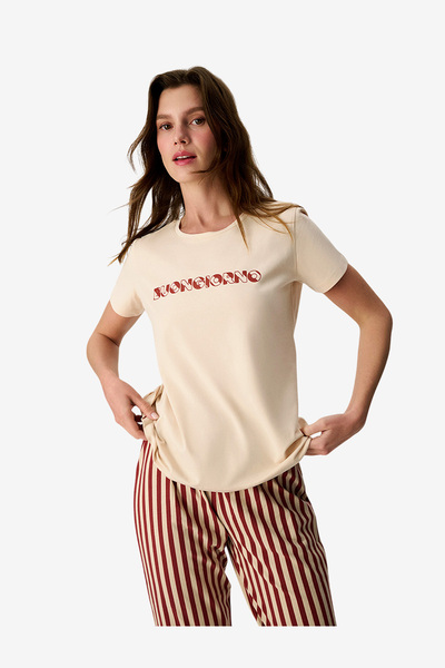 Penti Women Buongiorno Short Sleeve Capri Pastel Beige Pyjama Set