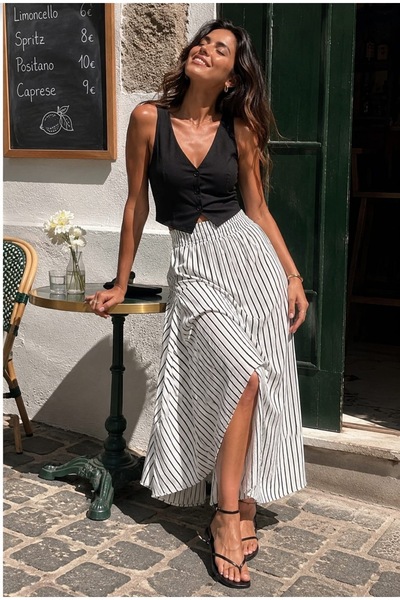 lobivia Women's Striped Lined Satin Long Flared Skirt with Elastic Waistband