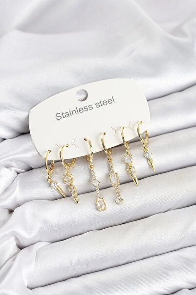 ARMÜZ 316L Steel Gold Color Zircon Stone Women's Earring Set