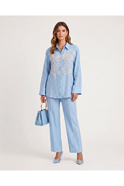 Marvella By Rasha Linen Two-Piece Set with Butterfly Embroidery