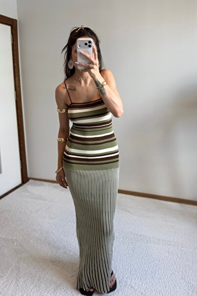 MoyStore Striped Modern Green Brown Knitwear Maxi Beach Dress