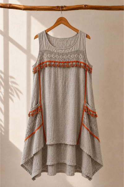 Boutique Juji BOHEM KUM BEJİ CEPLİ BÜYÜK BEDEN ELBİSE