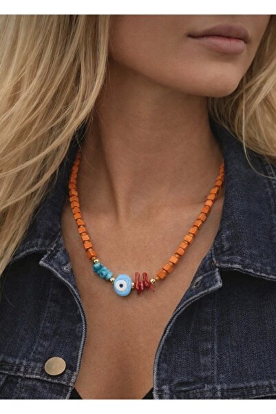 AychaAksesuar Orange Wooden Bead Evil Eye Bead Necklace