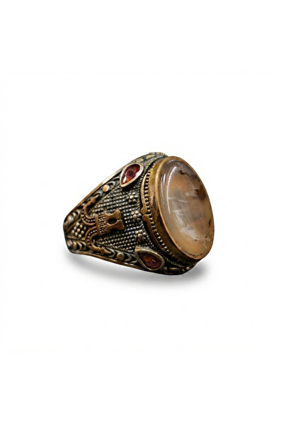 Generic 925 Sterling Silver Aqeeq Ring 14.5g Oval Honey Brown Agate with Gold...