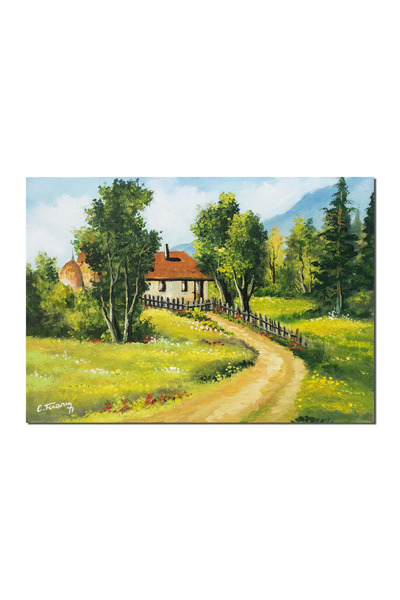 artnova Tablou pictat manual, Peisaj de la munte, la casa bunicilor, 70x50cm ...
