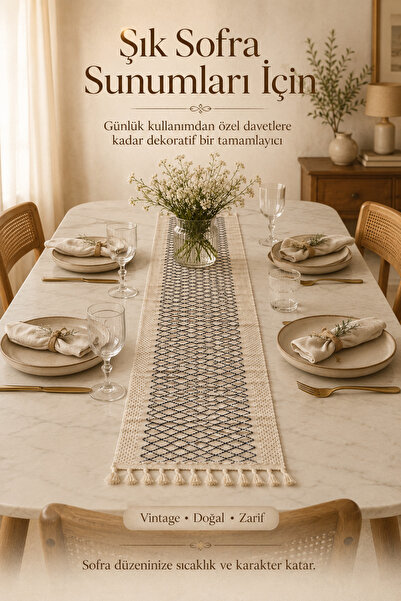 Morlay Vintage Knitted Runner with Tassels Natural Bohemian Tablecloth Decora...