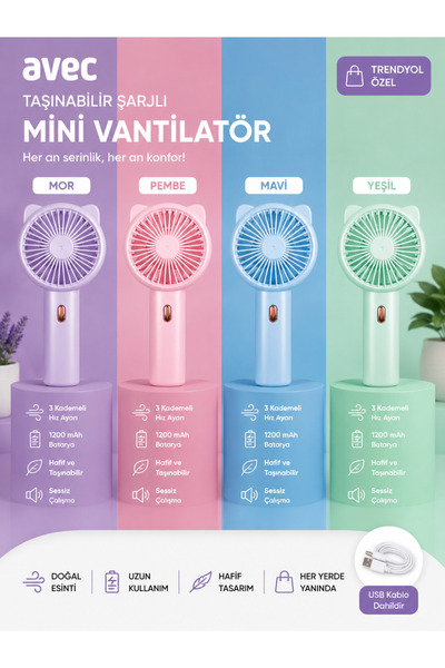 TOPNET Avec AirMini Şarjlı Mini Fan El Vantilatörü 3 Kademeli USB Taşınabilir...