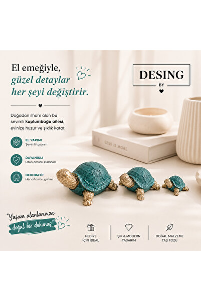 El Yapımı Taş Tozu 3'lü Kaplumbağa Ailesi Dekor Objesi