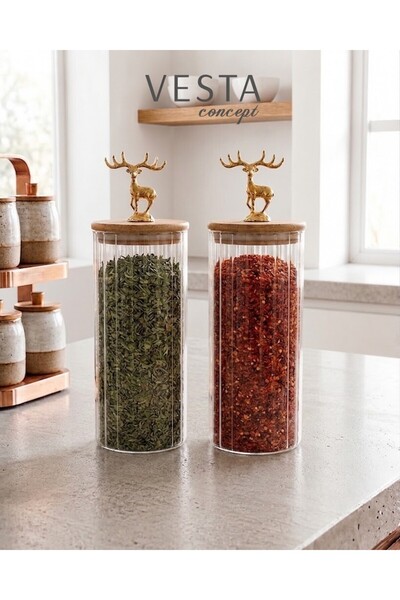 VESTA Concept Bamboo Leak-Proof Glass Spice Container with Deer Lid, 2-Piece ...