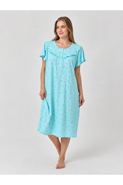 Alize Moda Short Sleeve 100% Cotton Floral Large Size Women-Mom Nightgown