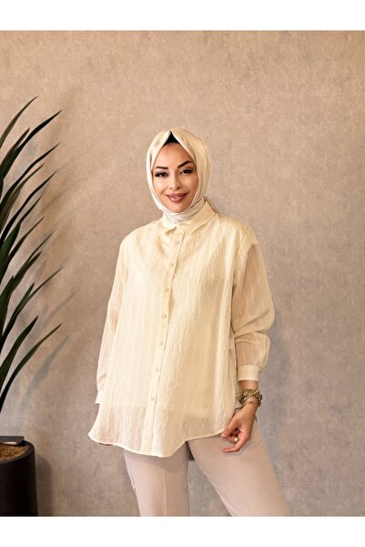ALANURMODA 3328 قميص مخطط بلون متباين باللون البيج