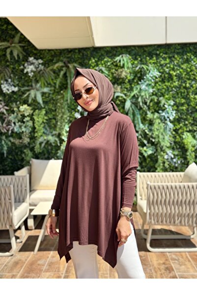ALANURMODA 24278 Combed Cotton Tunic with Side Slits Brown