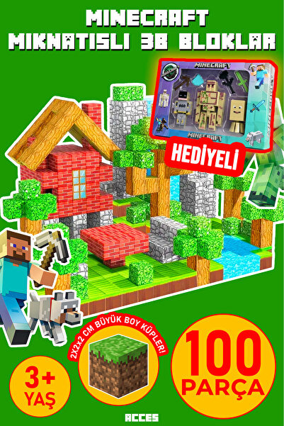 acces Minecraft Manyetik Blok 100 Parça Büyük Boy Küpler Hediye Figür Setli E...
