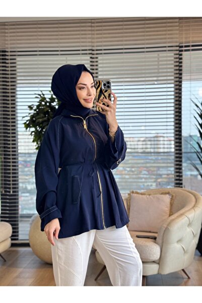 ALANURMODA 3238 Epaulet Detailed Zippered Jacket Navy Blue