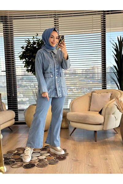 ALANURMODA 7452 Front Pocket and Stitched Denim Suit Blue