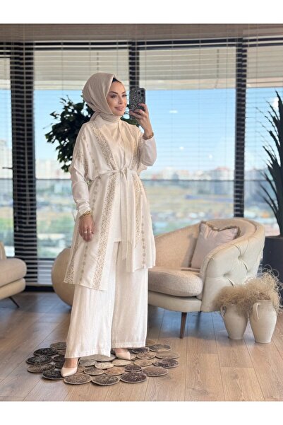 HEDDY 25604 3-Piece Set with Motif Embroidery on Top, Beige