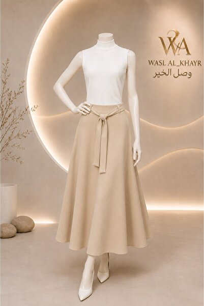 WASL ALKHAIR Women's A-Line Long Skirt with Tie Belt - Elegant Solid Design -...