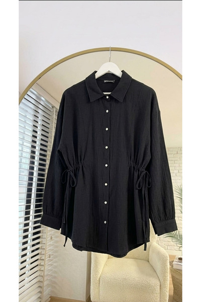Kadın Belden Büzgülü Bağlamalı Çilek Kumaş Tesettür Gömlek Siyah