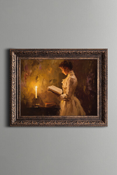 epiqart Woman Reading a Book by Candlelight - Vintage Patterned Painting - Th...