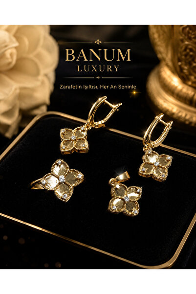 Banum Luxury Şık Yonca Tasarım Altın Tonlu Zarif 3Lü Set