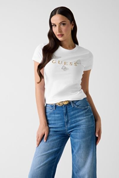 Guess BEYAZ TAŞLI KELEBEK DETAYLI LOGOLU KADIN T-SHIRT