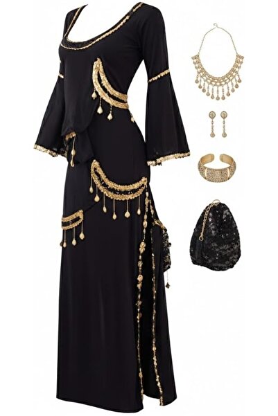 Generic Long Oriental Dance Galabiya for Women, Black with Gold Sequins, Mode...
