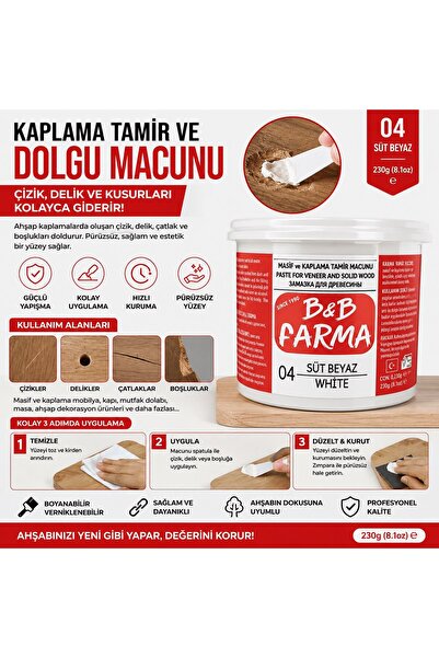 Trendhane B&B Farma Kaplama Tamir ve Dolgu Macunu 230 Gr | Süt Beyaz Ahşap Ta...