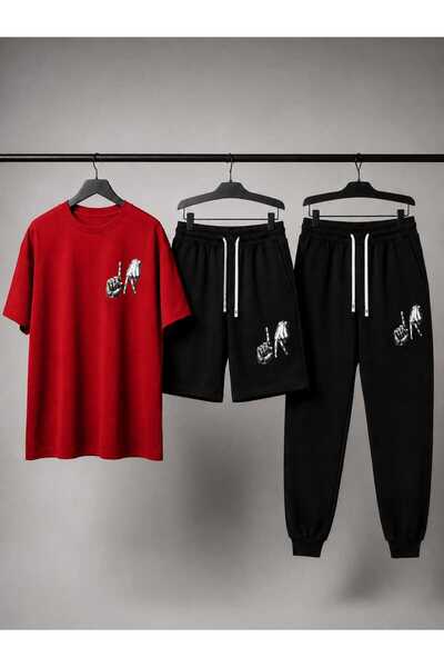 Gutsy T-Shirt Sweatpants Shorts 3-Piece Combination Thin Summer Finger Printe...