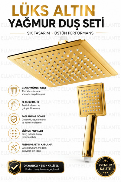 ellante Premium Gold 20x20 cm Kare Yağmur Duş Başlığı ve El Duşu Seti | Pasla...