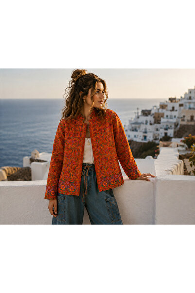Miss Boheme Brick Color Floral Embroidered Bohemian Jacket with Pocket Detail