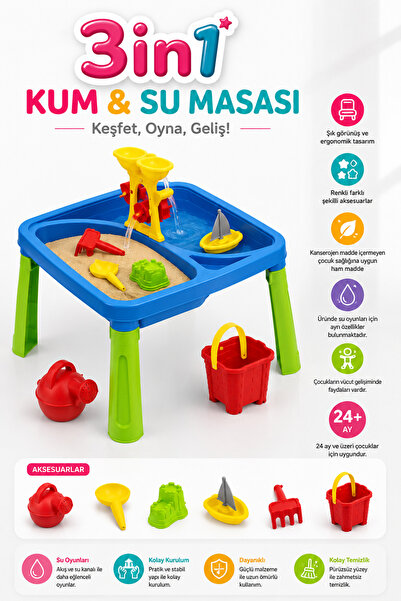 NeoThings 3in1 Kum ve Su Kum Yaratıcılık Masası Çocuk Aktivite Oyun Masası Ak...