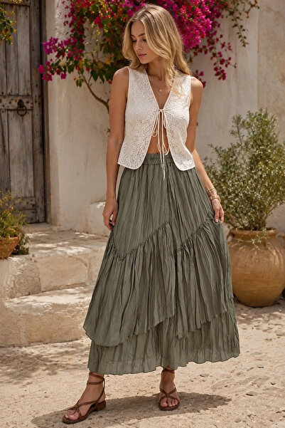 Lusin Women's Khaki Green Flounce High Waist Layered Bohemian Long Skirt with...
