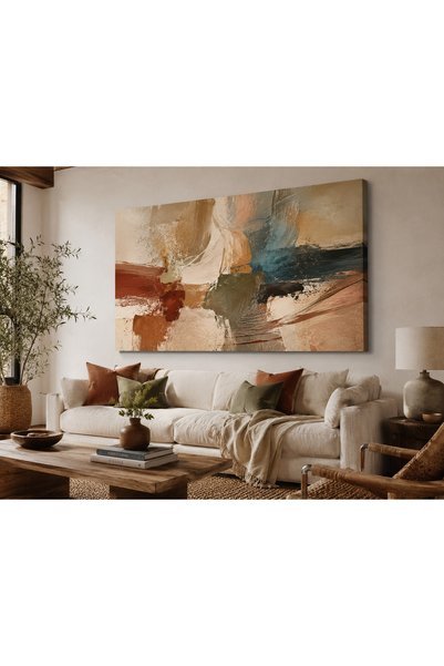 FTRMALZEMECİM Premium Turkuaz ve Kiremit Dokulu Soyut Kanvas Tablo – Modern F...