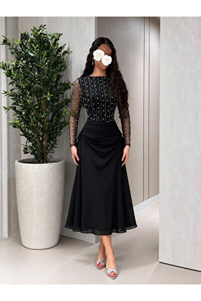 Mar style Luxury Pearl Beading Evening Gown Midi Length Prom Dress with Uniqu...