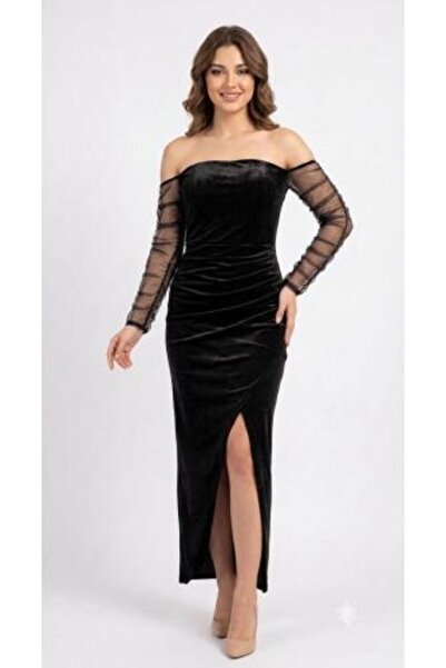 unbranded Women's Black Velvet Off-Shoulder Evening Dress with Sheer Long Sle...