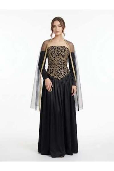 unbranded Women's Black & Gold Embroidered Maxi Evening Dress with Strapless ...