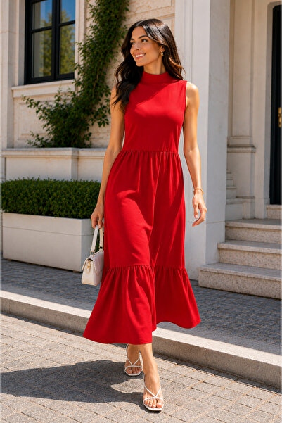 DEEP FAIR Women's Stand Collar Sleeveless Midi Dress with Flounce Detail Cm26...