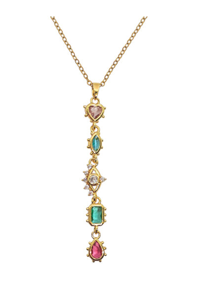 Duiwerlis Women's Colorful Stone Eye Detail Y Necklace with Zircon Stone Stee...