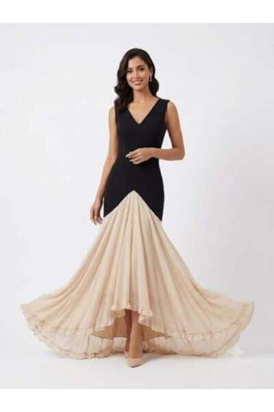unbranded Women's Black & Beige Color Block Chiffon Maxi Evening Dress with V...