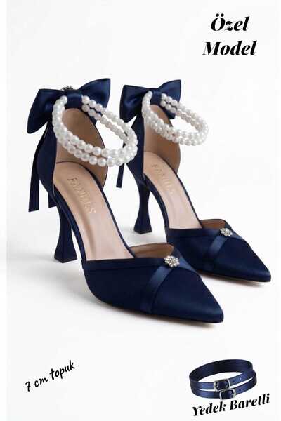 Famels Navy Blue Satin, Heeled Shoes with White Pearls and B.T. Stones, Eveni...