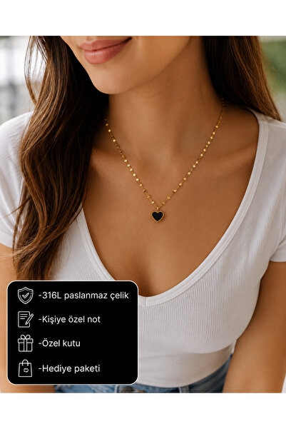 HER ŞEY NOTA www.herseynota.com 316L Stainless Steel Black Heart Stone Gold W...