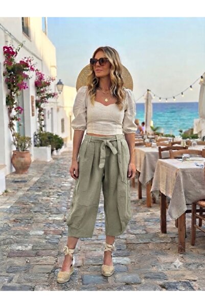 AYASOFYA OTANTIK Women's Italian Khaki 100% Linen Capri Trousers with Elastic...