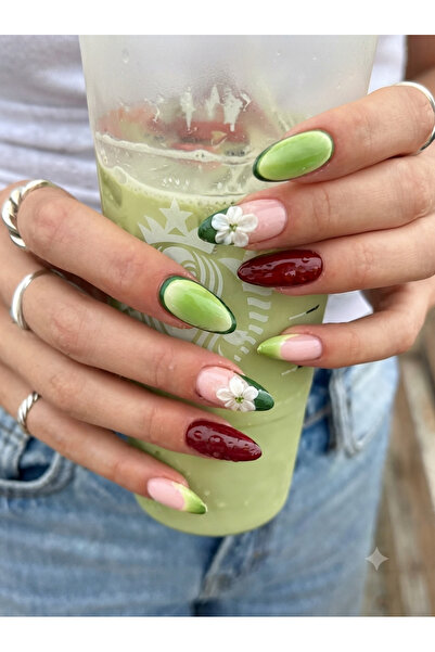 Shades On Nails Crimson & Jade Blossom Medium Almond Press On Handmade Nails ...