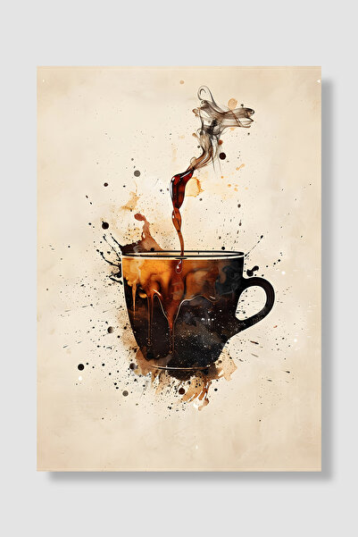 Luna Marissa Poster kafe, akvarel, prskanje, crna šolja kafe, para, bež pozad...