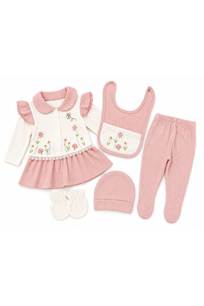 İrem Çocuk Giyim Baby Girl Bee Flower Embroidered Boxed Dusty Rose Color Five...