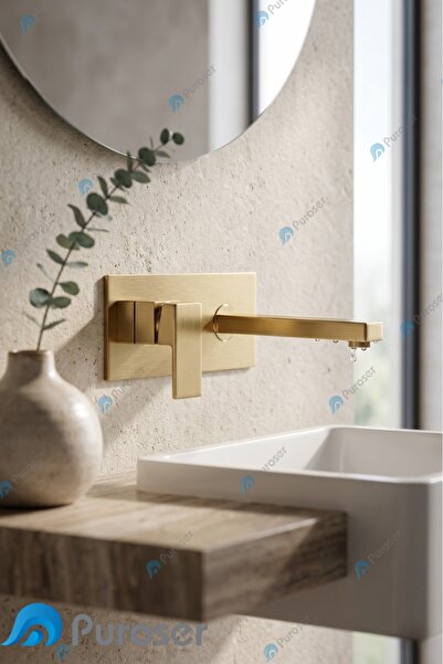 PUROSER Mat Gold Ankastre Lavabo Bataryası Tam Set ( Sıva Altı Mekanizma Dahil )