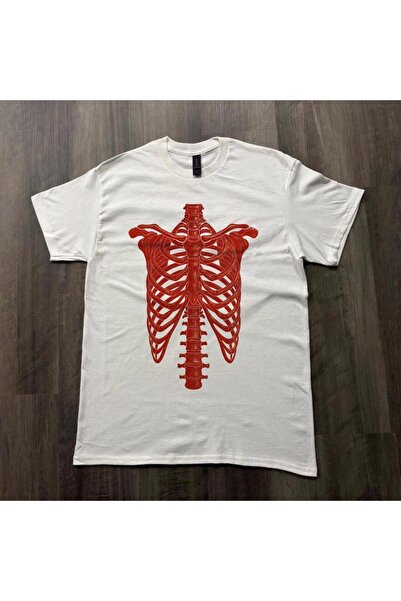 Grafftee Clothing تي شيرت أحمر مطبوع عليه هيكل الصدر للجنسين مقاس كبير