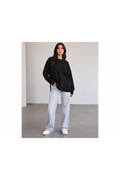 herkesemoda Oversize/Wide Fit Slit Crew Neck Soft Knitted Sweatshirt with But...