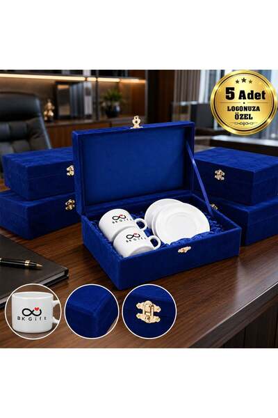 Bk Gift Customized Logo: Set of 5 Double Coffee Cups in Navy Blue Velvet Box ...