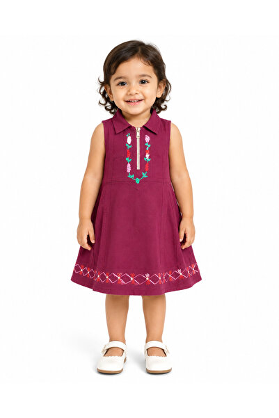 MADE Girls' Embroidered Sleeveless Dress with Front Zipper and Collar